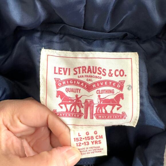 Levi’s Spell Out Logo Full Zip Blue and Gray Puffer Vest Hoodie Boys Size L - Picture 8 of 9